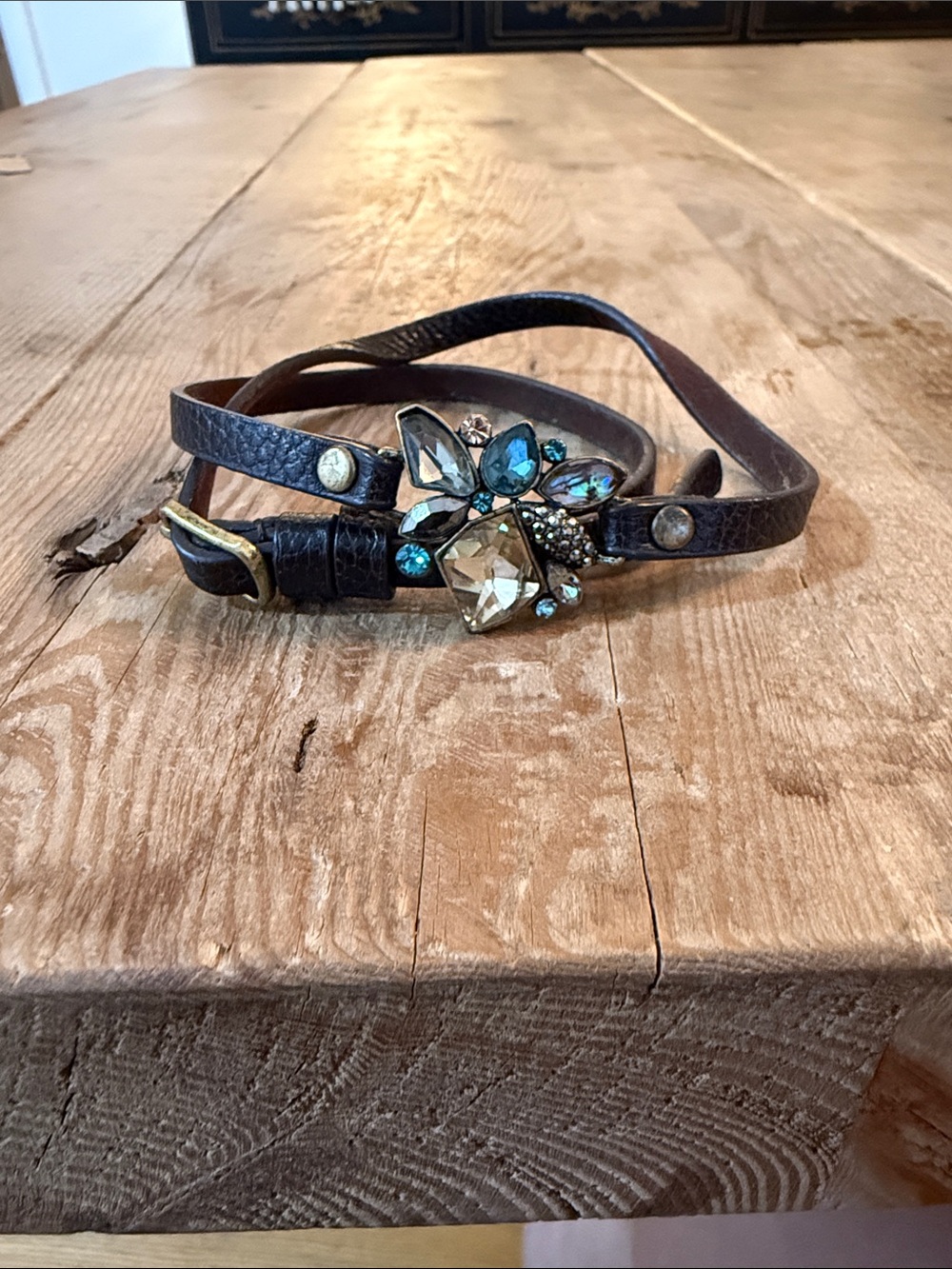 Chloe + Isabel Brown Leather Wrap Bracelet with Blue and Champagne Crystals - Picture 3 of 8